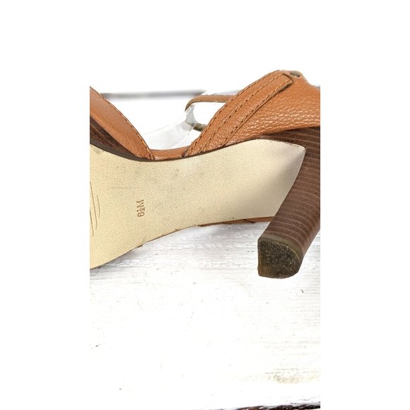 Marc Fisher tan brown leather high heel buckle open toe ankle strap sandals 6.5 - Picture 7 of 8